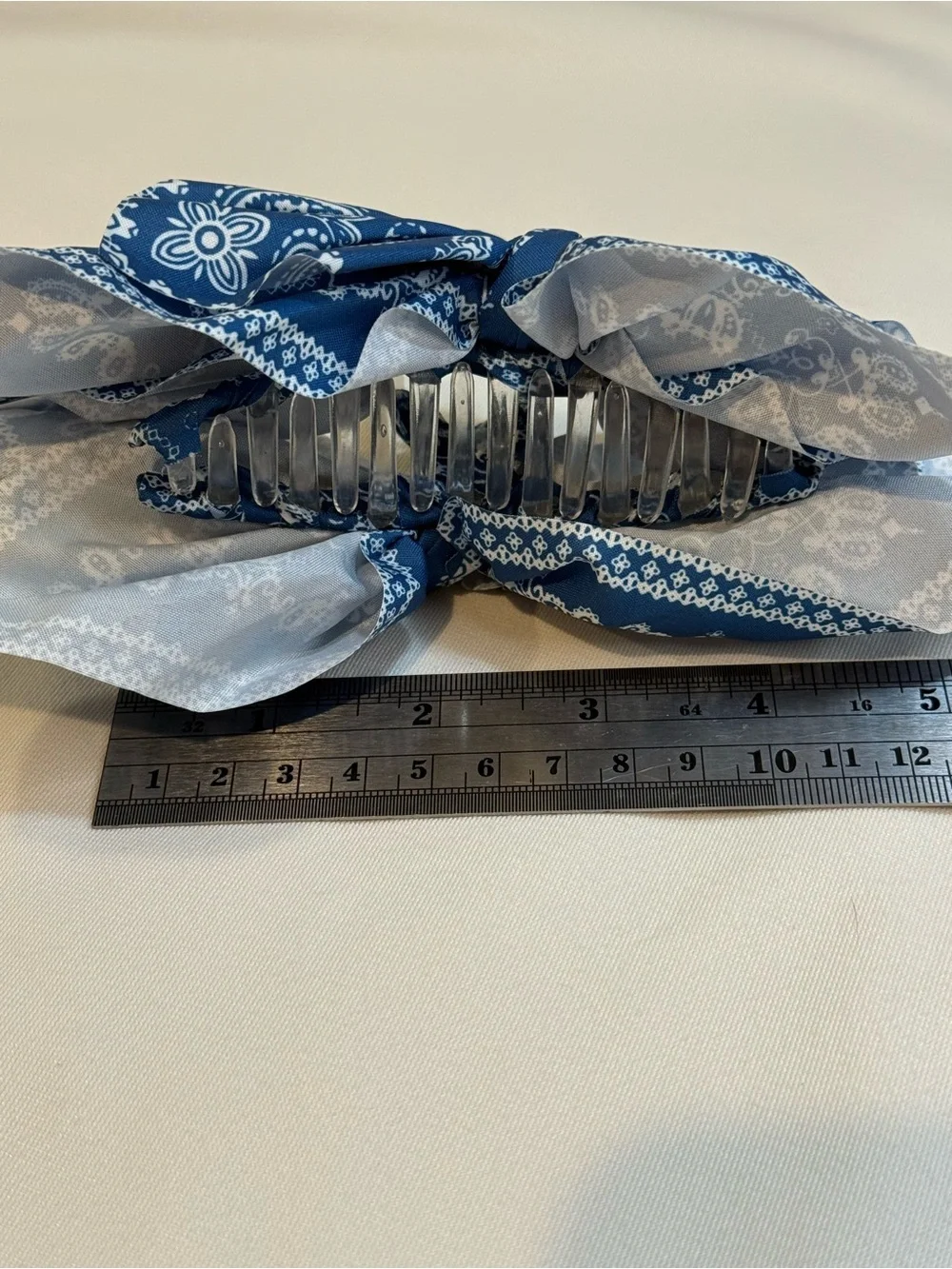 Cornflower Blue Bandana Print Fabric Bow Claw Clip Hair Accessory 4” Boho NWOT